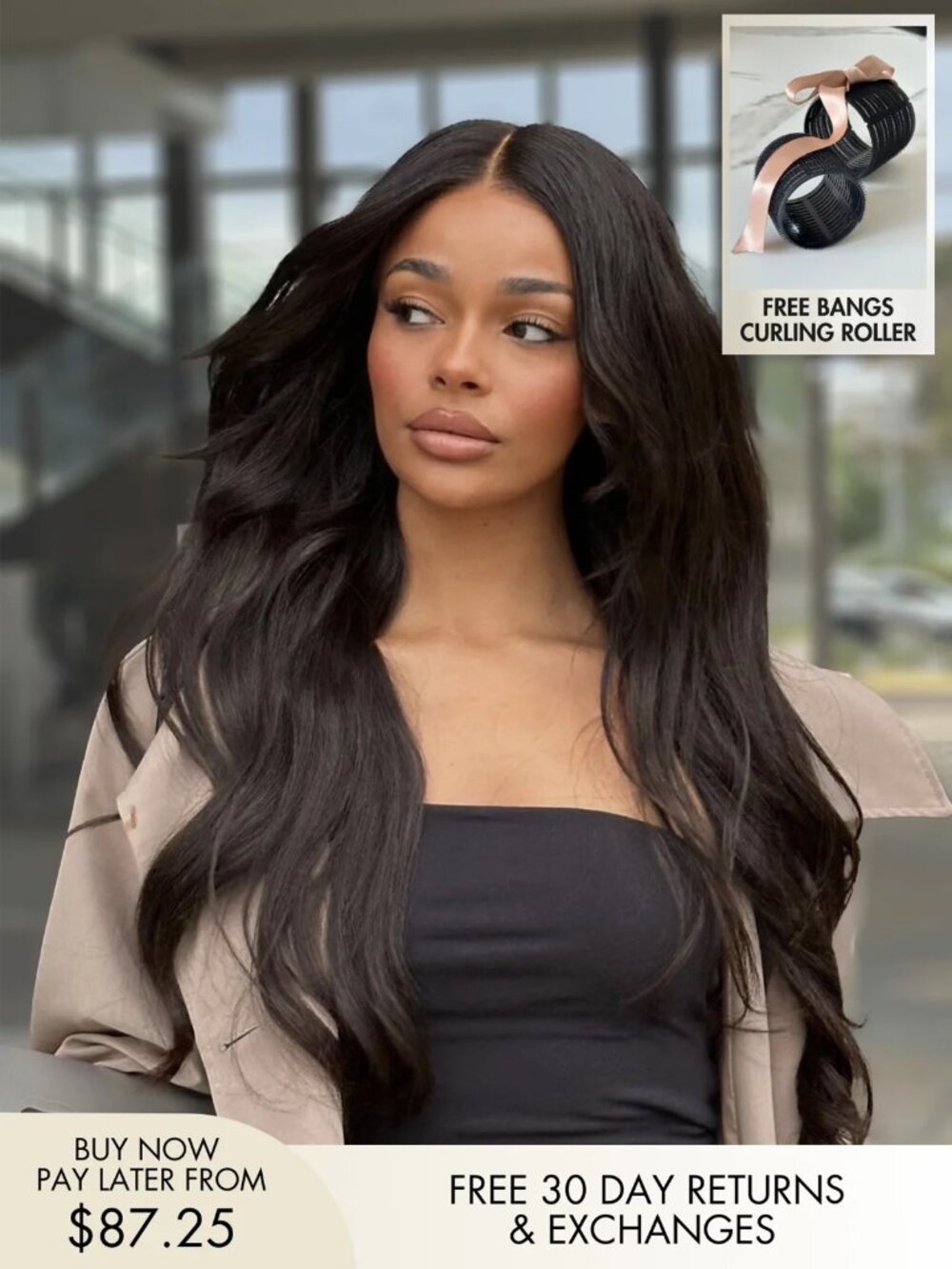 Rylee Loose Wave Curtain Bangs Natural Black Wig 22" - Honey for Fair Skin Tones